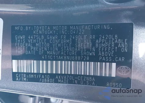 2022 Toyota Camry Le z USA, uszkodzony, nr VIN 4T1C11AK8NU688728